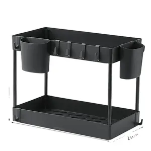 Sliding Cabinet Basket Organizer 2 Tier Under Bathroom Storage Rack with Hooks, Hanging Cup, Dividers