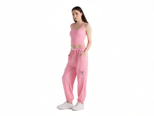 Pantalon Harem Rose Femme Taille Mi-Haute Cordon de Serrage Coupe Ample Longueur Entière Décontracté Uni Tricoté Coton Spandex Respirant Avec Poches - Product Image 1