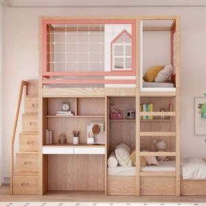 Toda la barandilla alta de madera maciza, litera escalonada arriba/<span class=keywords><strong>abajo</strong></span> <span class=keywords><strong>con</strong></span> árboles altos/bajos, cama <span class=keywords><strong>con</strong></span> <span class=keywords><strong>escritorio</strong></span> y armario, cama ancha arriba para niños - Product Image 3