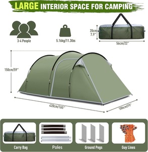 Tente de <span class=keywords><strong>camping</strong></span> tunnel OEM spacieuse pour 4 personnes - Abri double couche résistant aux intempéries avec véranda avant extensible et auvent détachable - Product Image 5