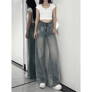 Celana <span class=keywords><strong>Jeans</strong></span> Retro Amerika untuk Wanita di Musim Gugur, Model Baru untuk Wanita Bertubuh Gemuk, Pinggang Tinggi, Longgar, Ramping, dan Santai dengan Potongan Kaki Lebar - Product Image 3