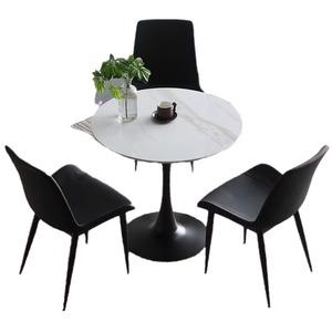 Juego de mesa y sillas de comedor de 3 piezas con base redonda de metal negro y sillas de cuero marrón para sala de estar, comedor u oficina - Product Image 5