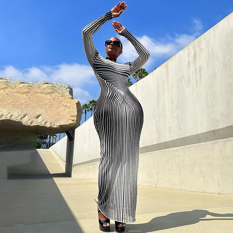 M6690 - fashion fall casual bodycon long sleeve striped printrd long dresses for women