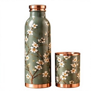 Ensemble de bouteilles d'eau esthétiques en cuivre vert-bleu avec tasse, motif floral, couvercle en cuivre, nouveau style chinois, portable - Product Image 1