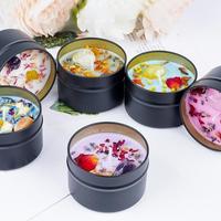 Bougie parfumée en boîte métallique florale de luxe personnalisée en gros, avec fleurs séchées en cristal, aromathérapie, sans fumée, en cire de soja, parfum botanique naturel