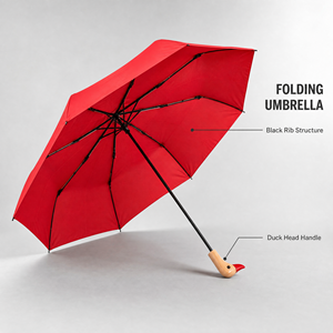 Parapluie pliant compact rouge certifié BSCI, avec poignée en bois en forme de tête de canard, résistant au vent, pour voyages, pluie et soleil, pour femmes - Product Image 4