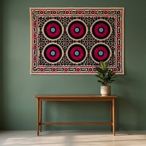 Couvre-lit en coton Suzani fait main exclusif, crème, noir, rose, broderie florale mandala, style bohème, décoration ethnique indienne pour la maison - Product Image 6