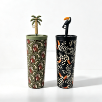 Tasse à café à double paroi avec impression par transfert thermique motif cocotier, gobelet en silicone sans BPA avec couvercle à paille et base antidérapante, mug de voyage