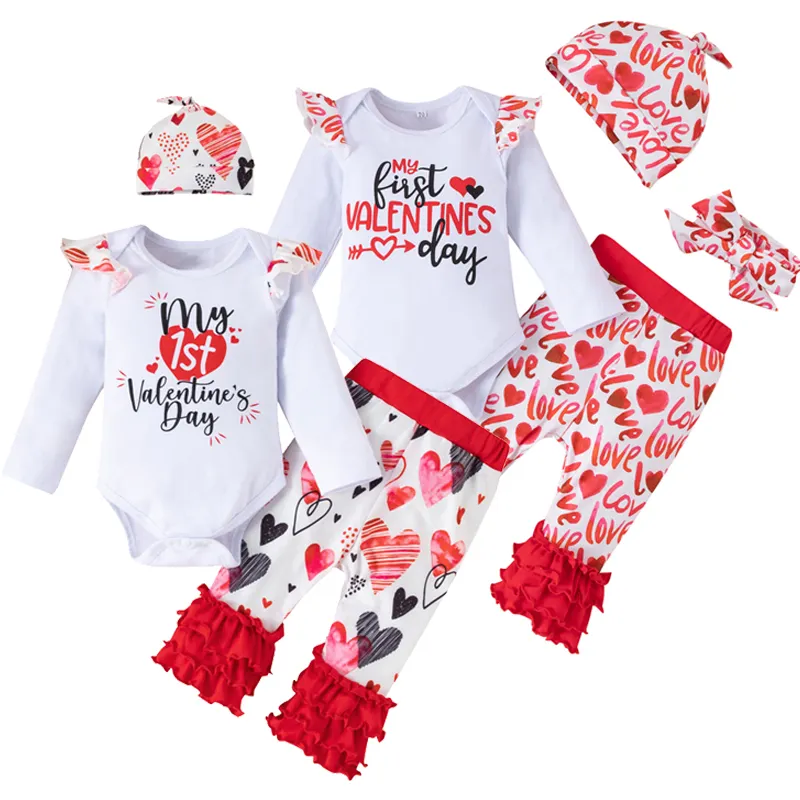 Fall 100% Cotton Newborn Boutique Clothes 1st Valentine Kid Outfits Baby Girl Clothing Sets Infant My First Valentines Day Gift