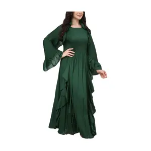OEM/미야케 주름 여름 녹색 프릴 긴 가운 여성용 폴리에스터 바닥 길이 드레스