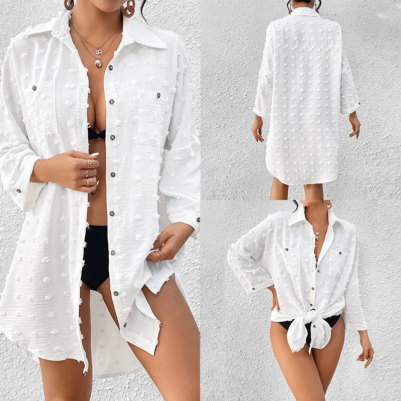 Blusa de banho feminina com bolinhas suíças para cobrir camisas de praia e surf, blusa com botões, blusa com bolinhas suíças