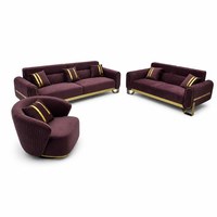 Ensemble de canapés en velours violet avec capitonnage en cannelures et base dorée, canapé moderne pour hall d'hôtel avec fauteuil d'appoint rond, mobilier de luxe