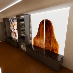 Peluquería Diseño de interiores Champú de madera Exhibición de la pared Escaparate Peluca Estante de exhibición Led Mostrador de señal Soporte con caja de luz - Product Image 3