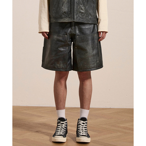 Pantalones Cortos de Cuero Genuino con Acabado Vintage y Efecto Desgastado para Hombre, con Doble Rodilla, Ajuste Relajado, Estilo Jorts, Tendencia Streetwear para Chicos - Product Image 2