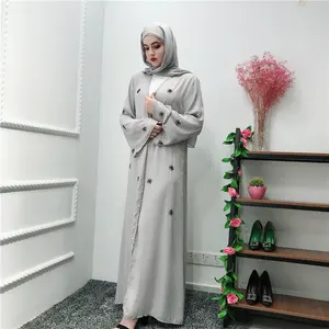 トップセラーパフスリーブ控えめなドレスイスラム服コントラストパール着用ドバイ女性伝統的なイスラム教徒の服アバヤ