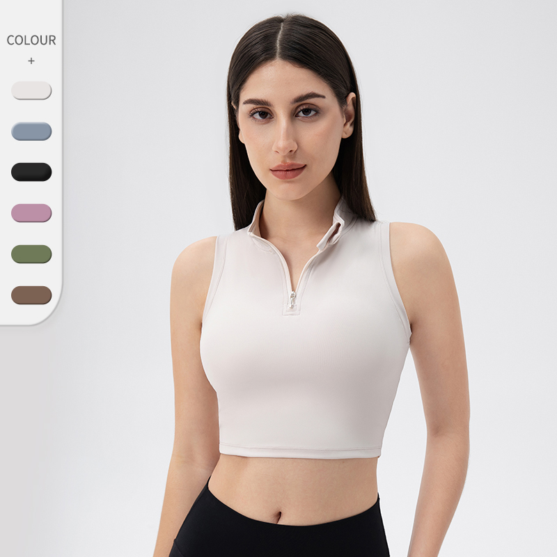 Wholesale Women's Sleeveless Stand-Up Collar Slim-Fitting Yoga Tank Top with Front Zipper and Bra for Running and Fitness