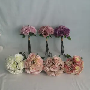 FC2116 — fleurs artificielles en soie avec 7 têtes de roses, pour décoration de mariage ou de maison, prix d'usine, vente en gros