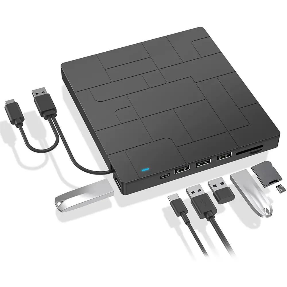 Unidade óptica externa USB3.0 tipo C para laptop com hub, gravador de DVD 7 em 1 l com USB C HUB, disco flash U de leitura, cartão SD, cartão TF