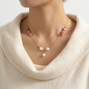 Collier en acier 316L plaqué or 18K PVD, étanche et inaltérable, avec pendentif double pièce, perle baroque et goutte d'eau, cadeau bouddhiste - Product Image 4