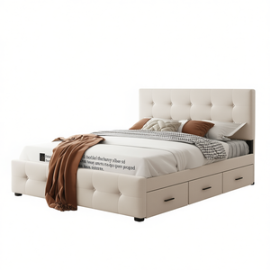 Letto matrimoniale imbottito con piattaforma, testiera classica, 4 cassetti, tessuto in lino beige/bianco/grigio scuro, modello D0100HPIA9U; senza contenitore - Product Image 1