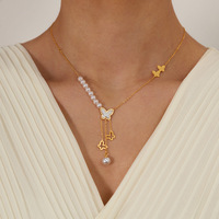À la mode 18K Plaqué Or Non Terni Perle Papillon Charme Pendentif Collier En Acier Inoxydable Bijoux pour Femmes Conception Réglable