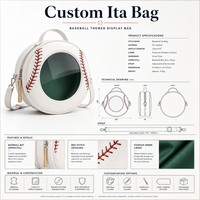 Sac à bandoulière personnalisé en forme de balle de baseball avec fenêtre transparente en PVC, doublure verte, tirette de fermeture éclair en forme de batte