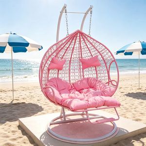 Sillón Colgante de Ratán con Dos Cojines, Toldo de Patio, Reposapiés de Lujo en Dorado, para Jardín Exterior - Product Image 1