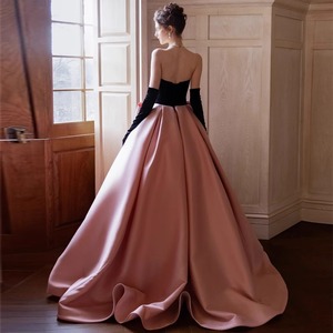 Evening Gown Strapless Empire Waist Black And Pink Contrast Color Satin Ball Gown For Formal Events Party Wedding - Product Image 4