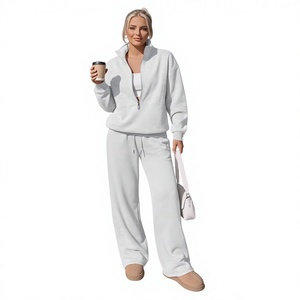 Ensemble de détente 2 pièces pour femme en molleton, sweat-shirt et pantalon de survêtement à jambes larges, couleur unie, décontracté, toutes saisons, avec fermeture éclair et cordon de serrage - Product Image 1