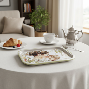 Plateau rectangulaire moderne en métal Kontensan EE164FR 285x400 mm, plateau de service « Amour éternel de la mère », design décoratif fantaisie - Product Image 3