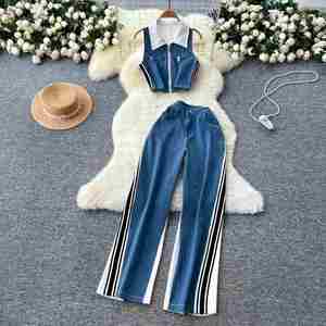 Women's Vintage Summer Woven 2-Piece Long Sets V-neck Sleeveless Short Crop <b>Top</b> Breathable High Waist Color Blocking Denim Pants - Product Image 1