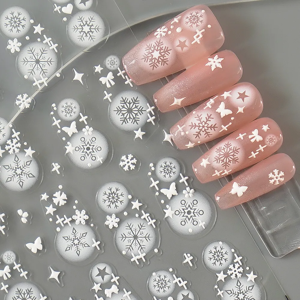 2024 Neuheit Schneeflocken Nagelkunst Aufkleber Aufkleber 5D-Geprägt Weihnachten französisch weiß Winter-Design Nageldekoration Aufkleber