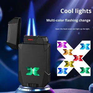 Encendedor Mecánico de Doble Llama para Influencers de <span class=keywords><strong>TikTok</strong></span>, Potente, con Luces Intermitentes de Colores, Metálico, Recargable, Resistente al Viento, para Cigarros - Product Image 4