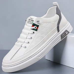 Baskets décontractées pour hommes en cuir véritable, bout rond, semelle souple en caoutchouc, motif géométrique, à lacets, chaussures de marche - Product Image 2