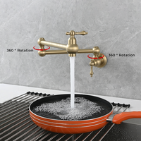 Robinet de cuisine professionnel mural, double articulation, pliable, en laiton, plaqué or, pour eau froide, avec remplisseur de casseroles
