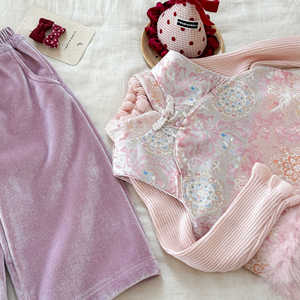 Tongxingyuan Girls Cheongsam Set Pink Velvet Three Piece Winter Outfit Fleece Lined Flower Pattern Cotton Fabric - Product Image 2