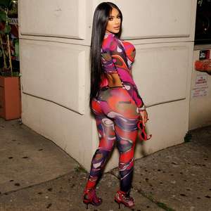 Ensemble deux pièces sexy personnalisé 2026 pour femme, haut court à manches longues en maille imprimée, pantalon moulant, tenue de club, col montant, translucide - Product Image 4