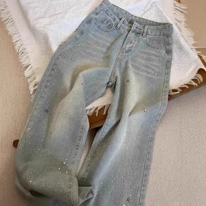 2025 New Arrival Rhinestone <strong>Wide</strong> <strong>Leg</strong> Jeans for Women Light Blue <strong>Sparkly</strong> High Rise Pants Trendy Tummy Control Slim Fit <strong>Trousers</strong> - Product Image 4
