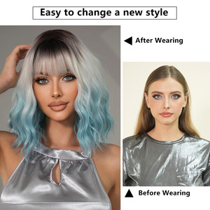Perruque synthétique complète pour <span class=keywords><strong>femme</strong></span>, <span class=keywords><strong>coupe</strong></span> bob courte bouclée de 12 pouces, bleue naturelle et volumineuse, avec <span class=keywords><strong>frange</strong></span>, pour le marché international. - Product Image 2
