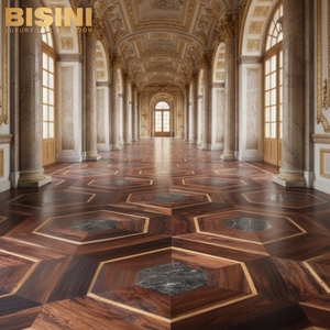 Revêtement de sol sur mesure de qualité muséale pour propriétés de luxe : Hexagones en marbre Verde et mosaïque en bois de rose Santos avec finition en laiton ajustée à la main - Product Image 4