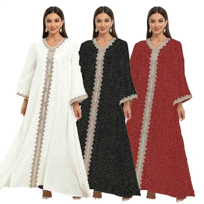 Dubai White Kaftan Midden-Oosten V-Hals Jalabiya Vergulde Abaya Moslim Kalkoen Arabische Kleding Lange Mouw Maxi Jurken Voor Vrouwen 2 Stuks