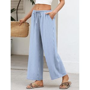 Wide Leg Pants Women Casual Palazzo <b>Drawstring</b> Elastic Waist <b>Trousers</b> With Pockets Summer Beach Vacation Clothes - Product Image 4