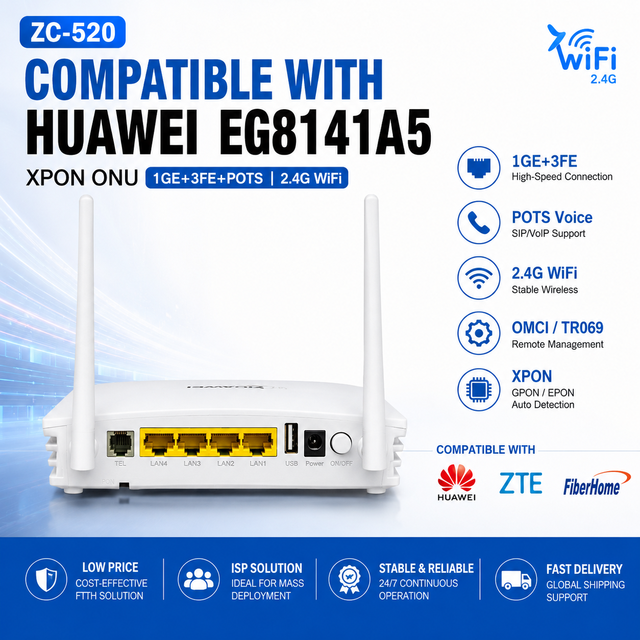 Low Price GPON EPON XPON ONU 1GE 3FE POTS WiFi ONT Compatible with Huawei OLT ZTE OLT EG8141A5 for ISP