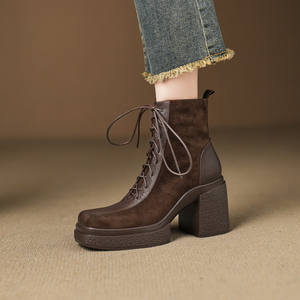 Bottes longues décontractées en cuir de vachette pleine fleur, couleur unie, style rétro, avec ceinture décorative, talon épais, mi-mollet, antidérapantes, best-seller - Product Image 3
