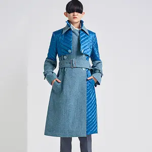 Mode lässig verdicken Damen Winter Spleißen Outwear Blue Denim Farbe blockiert geste ppte geschwollene Trenchcoat Damen lange Jacke