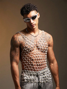 Gilet da uomo fatto a mano in maglia metallica, gioiello per il corpo, senza maniche, <span class=keywords><strong>con</strong></span> <span class=keywords><strong>perline</strong></span>, per Rave, Club, Feste, Stile Rete di Perle - Product Image 2