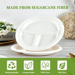 Thicker Sturdier <b>11</b>-Inch 3-Compartment Bagasse Disposable Plates Eco-Friendly Compostable Microwave Safe Water Resistant - Product Image 5