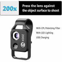 Microscope de téléphone 200X à clipser avec anneau lumineux LED et CPL, objectif macro portable pour smartphone, inspection de bijoux et de plantes