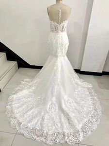 NDB10759 Nouvelle robe de mariée en dentelle à queue de poisson à col rond rêveur, robe de mariée blanche à traîne, deux activités de port - Product Image 6