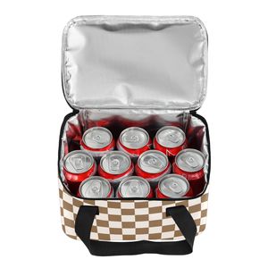12 Cans Brown White Checkered Lunch Bag Reusable Insulated Tote Custom Logo Mini Cooler Lunch Bag with Short Handles - Product Image 2